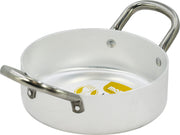 Kleine weiße Aluminiumpfanne mit zwei Eisengriffen, hergestellt in Italien