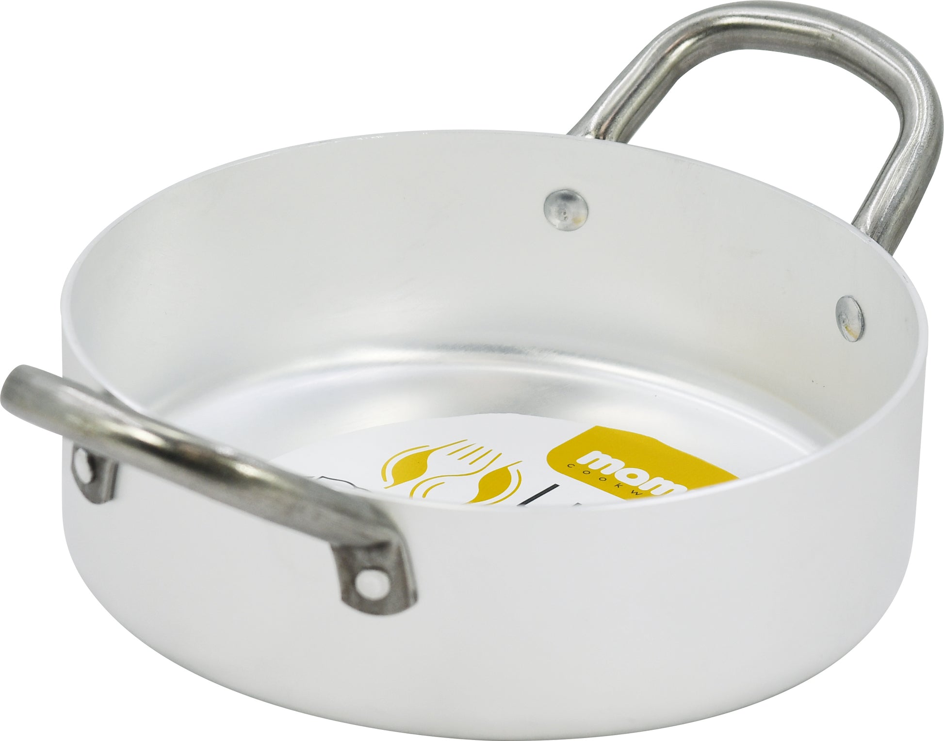 Kleine weiße Aluminiumpfanne mit zwei Eisengriffen, hergestellt in Italien