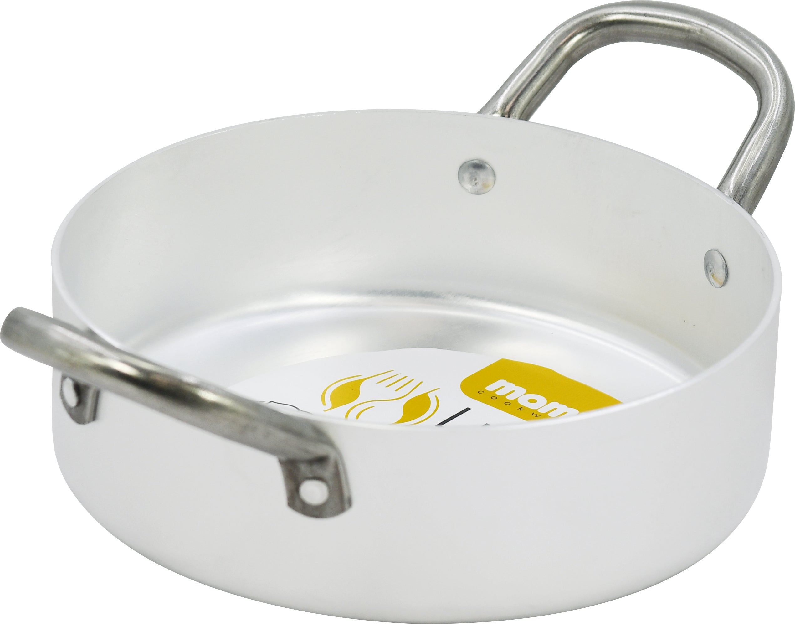 Kleine weiße Aluminiumpfanne mit zwei Eisengriffen, hergestellt in Italien