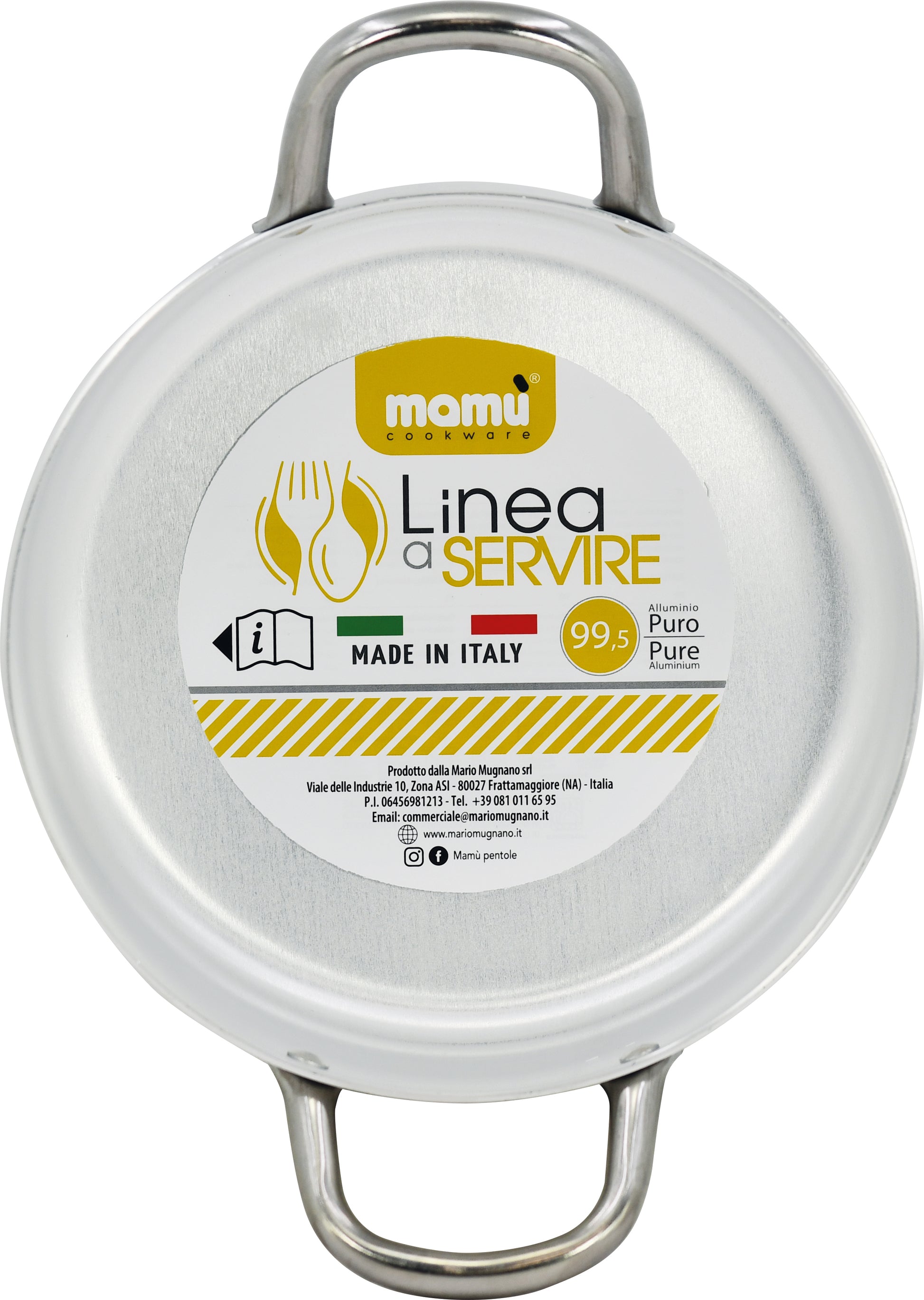 Kleine weiße Aluminiumpfanne mit zwei Eisengriffen, hergestellt in Italien