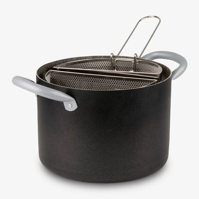 Pentola due cestelli con un manico estraibile con coperchio in vetro antiaderente alluminio pfoa free antigraffio made in italy