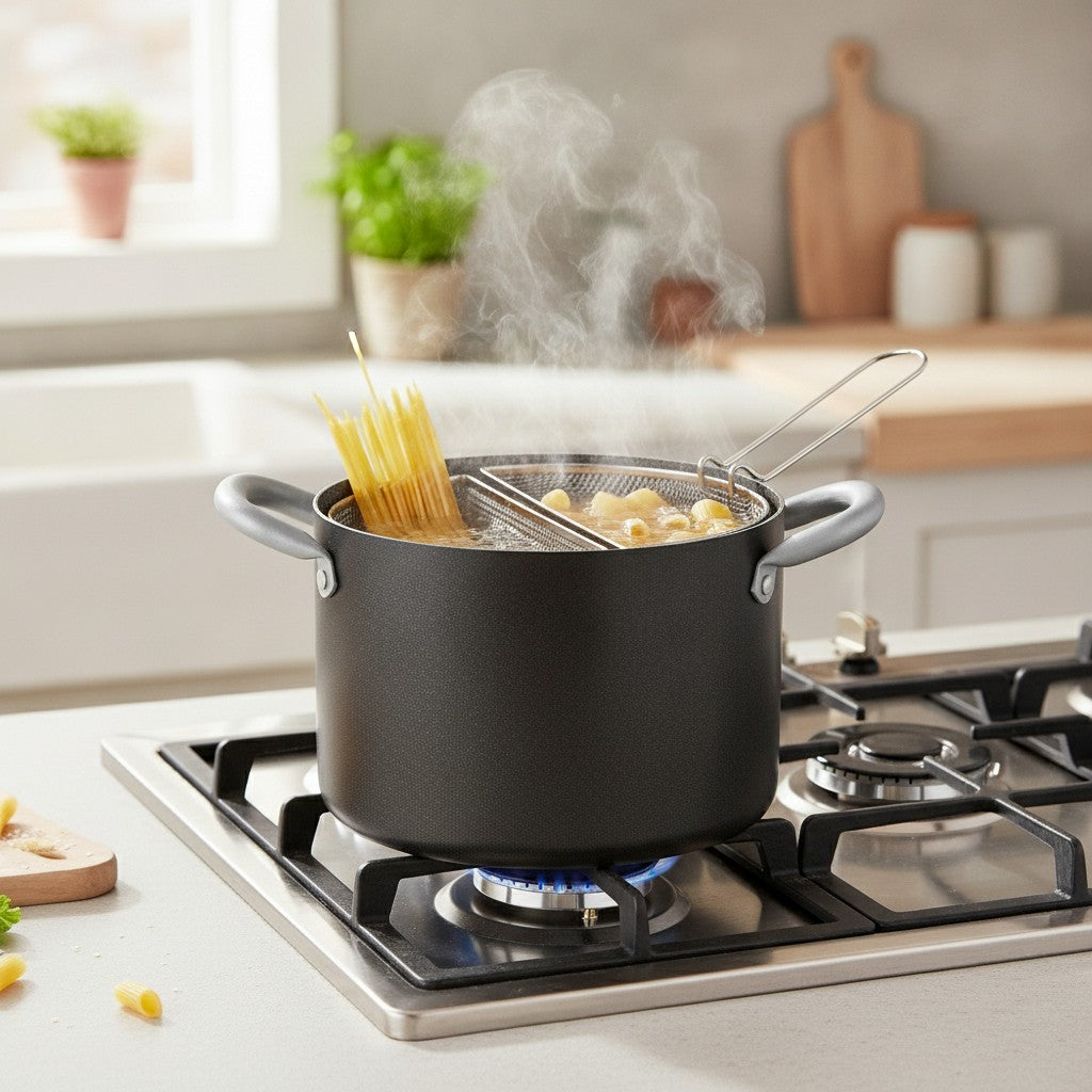 Pentola due cestelli con un manico estraibile con coperchio in vetro antiaderente alluminio pfoa free antigraffio made in italy_8