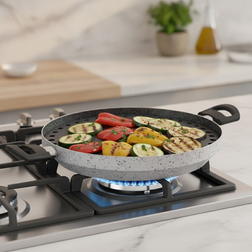 Piastra Grill antiaderente maneggevole alluminio PFOA free antigraffio pratica cottura veloce made in italy_8