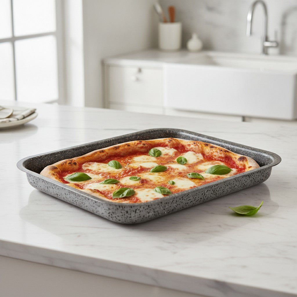 Rostiera Pizza antiaderente maneggevole alluminio PFOA free antigraffio pratica cottura veloce made in italy - 8