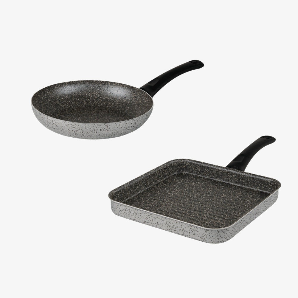 Set 2 pezzi padella e bistecchiera antiaderente in alluminio PFOA free antigraffio cottura veloce made in italy