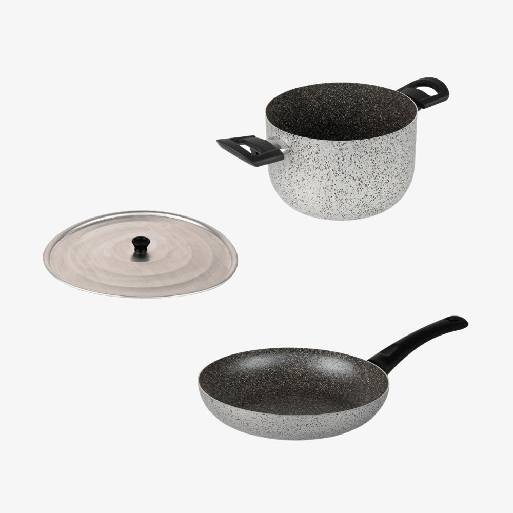 Set 3 pezzi cucinare pasta con pentola, padella e coperchio antiaderente in alluminio PFOA free made in italy