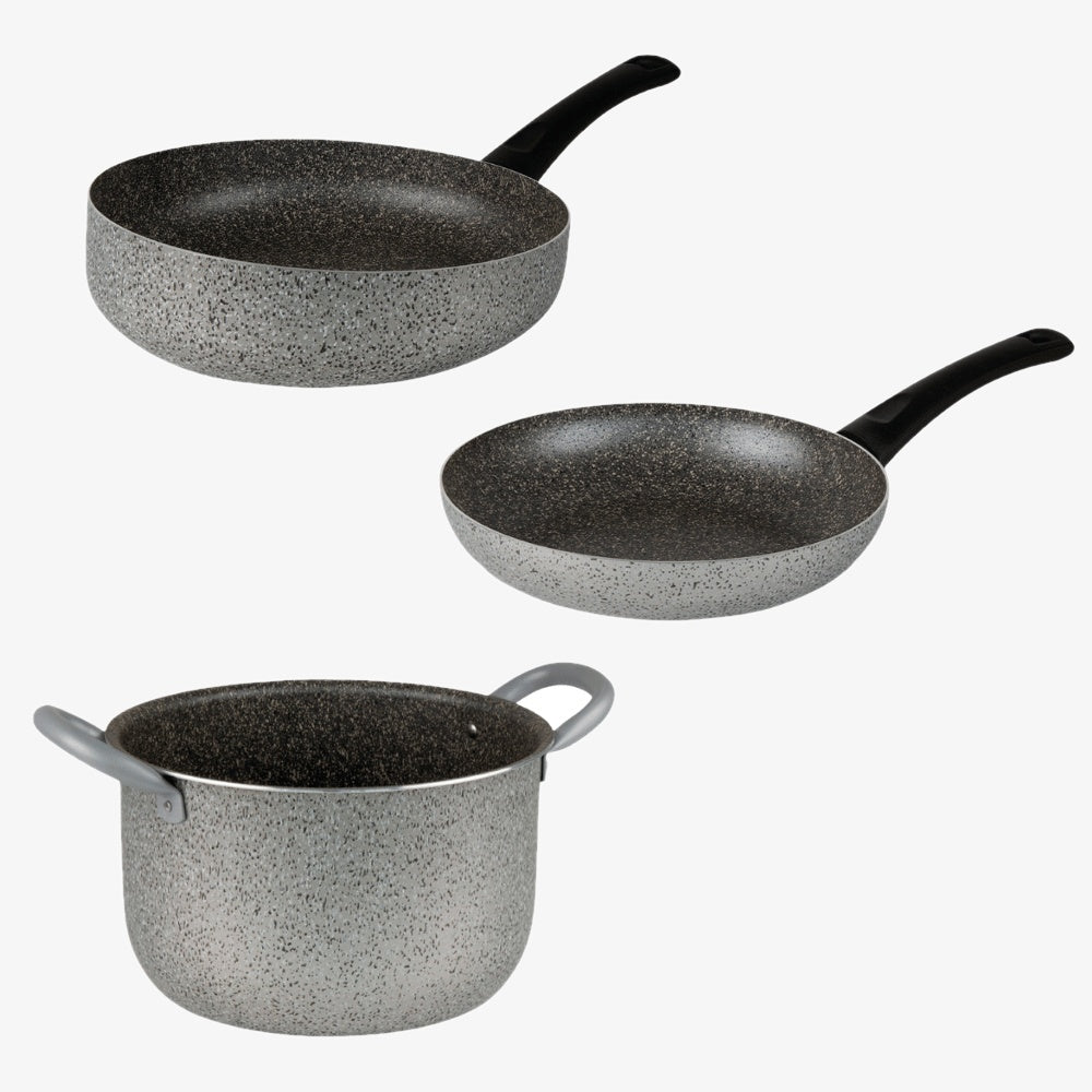 Set 3 pezzi cucinare a casa con pentola, padella, saltapasta antiaderente alluminio antigraffio made in italy