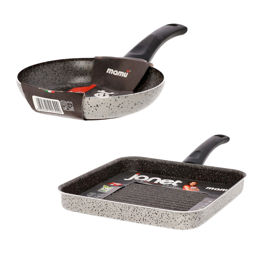 Mamù Set 2 pezzi padella e bistecchiera antiaderente in alluminio PFOA free antigraffio cottura veloce made in italy_1