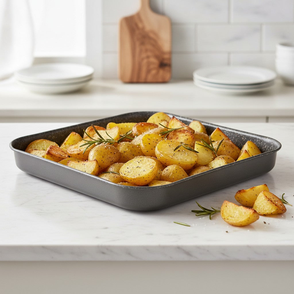 Non-stick 7-layer aluminum square baking pan, PFOA-free, scratch-resistant, made in Italy.