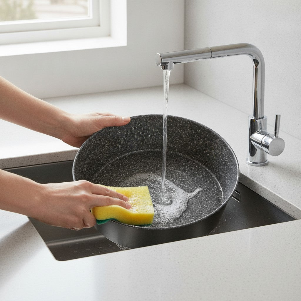 Round non-stick aluminum cake pan, 7 layers, PFOA free, scratch-resistant, made in Italy.
