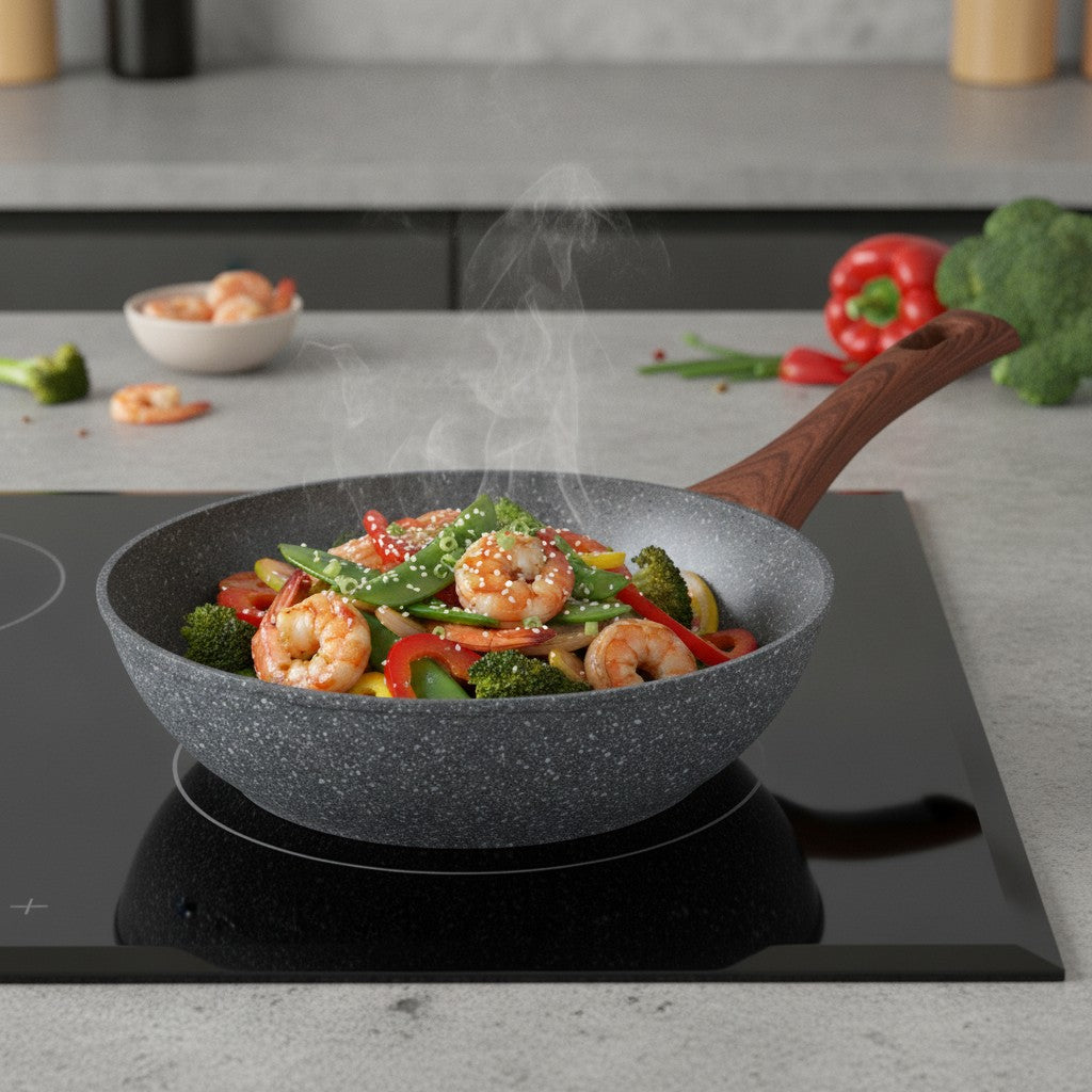 Wok ad induzione con alto spessore resistente con un manico