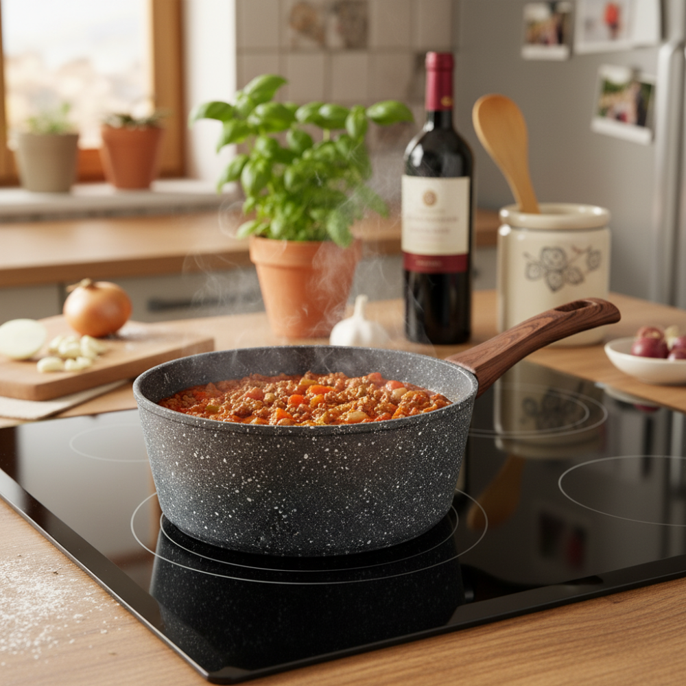Saucepan with an extra-resistant thick induction handle