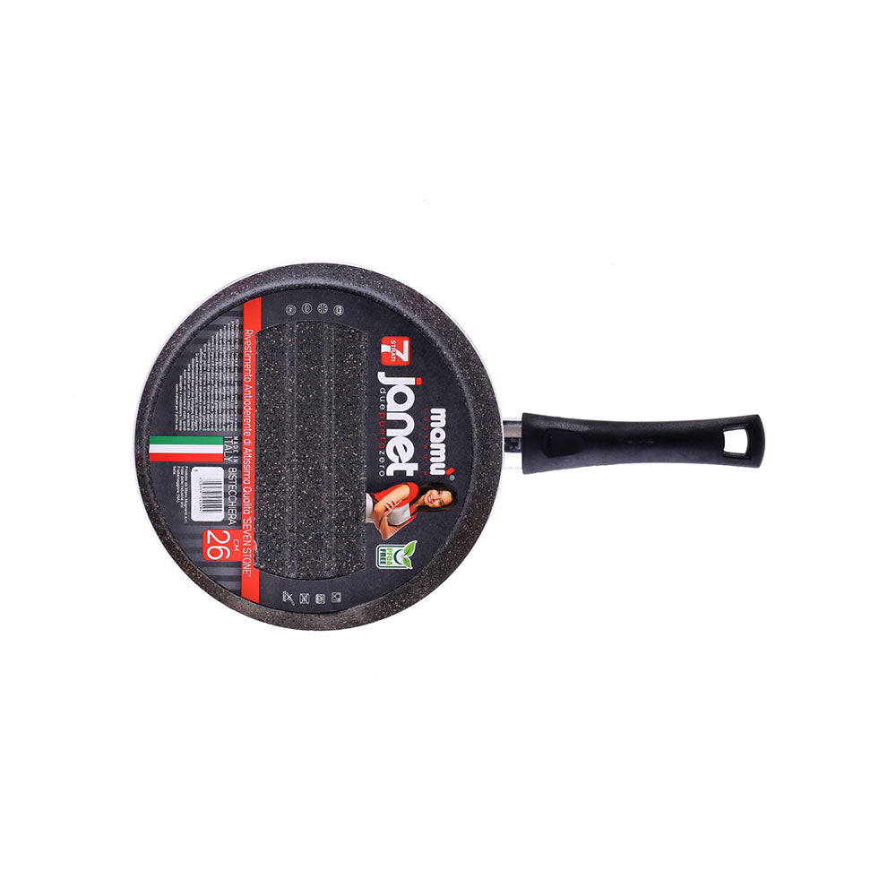 Round non-stick grill pan, easy to handle, PFOA-free, scratch-resistant aluminum, practical, fast cooking, made in Italy