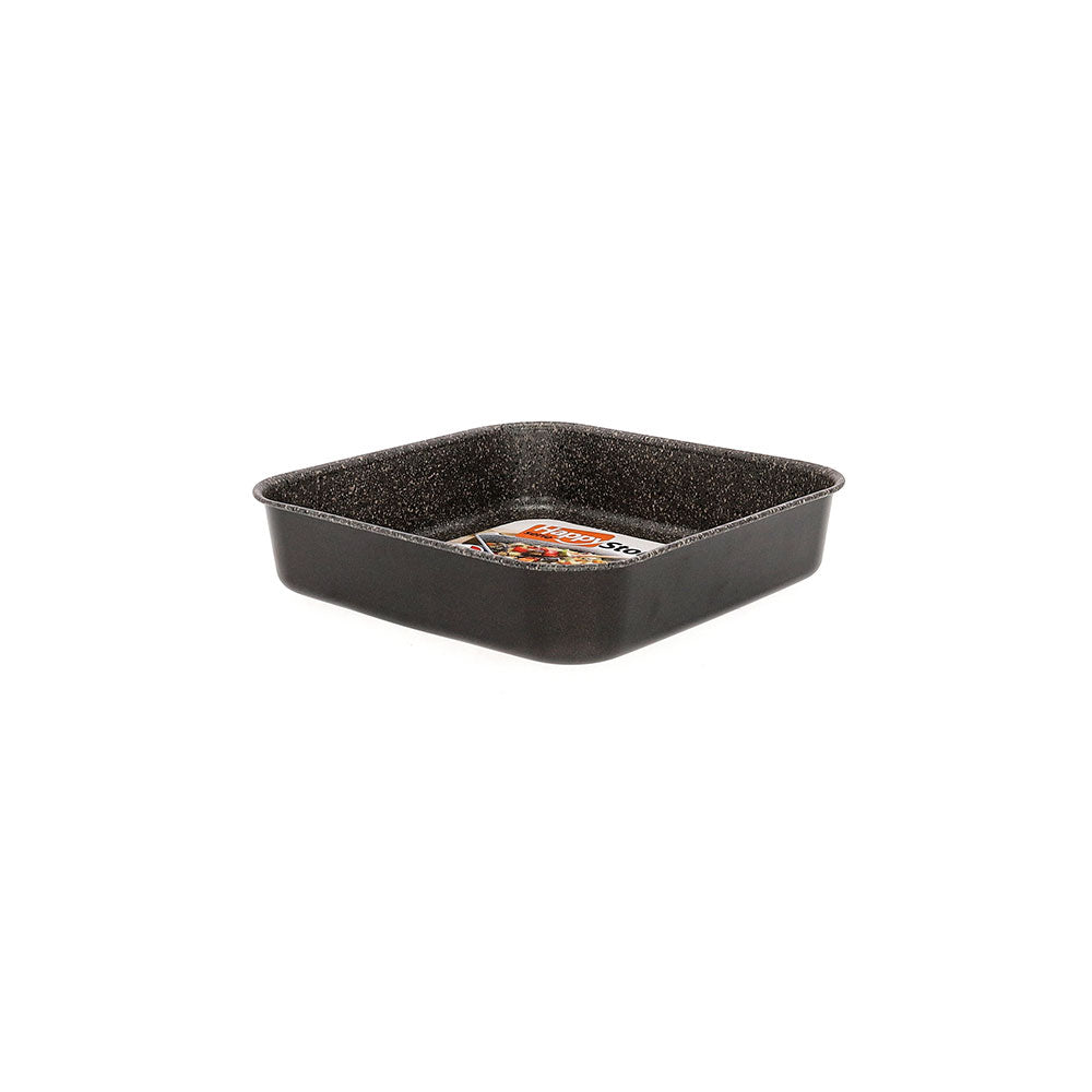 Square baking pan, non-stick, 7-layer aluminum, PFOA-free, scratch-resistant, made in Italy.