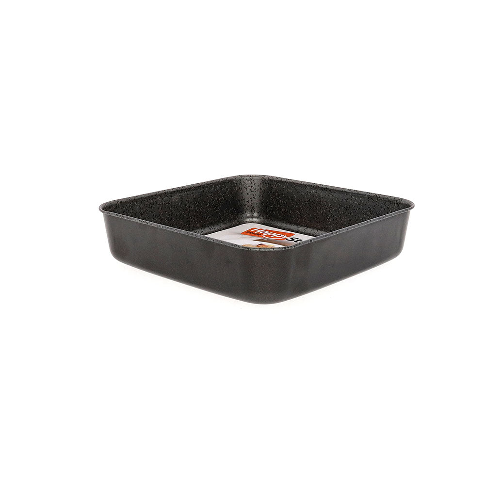 Square baking pan, non-stick, 7-layer aluminum, PFOA-free, scratch-resistant, made in Italy.