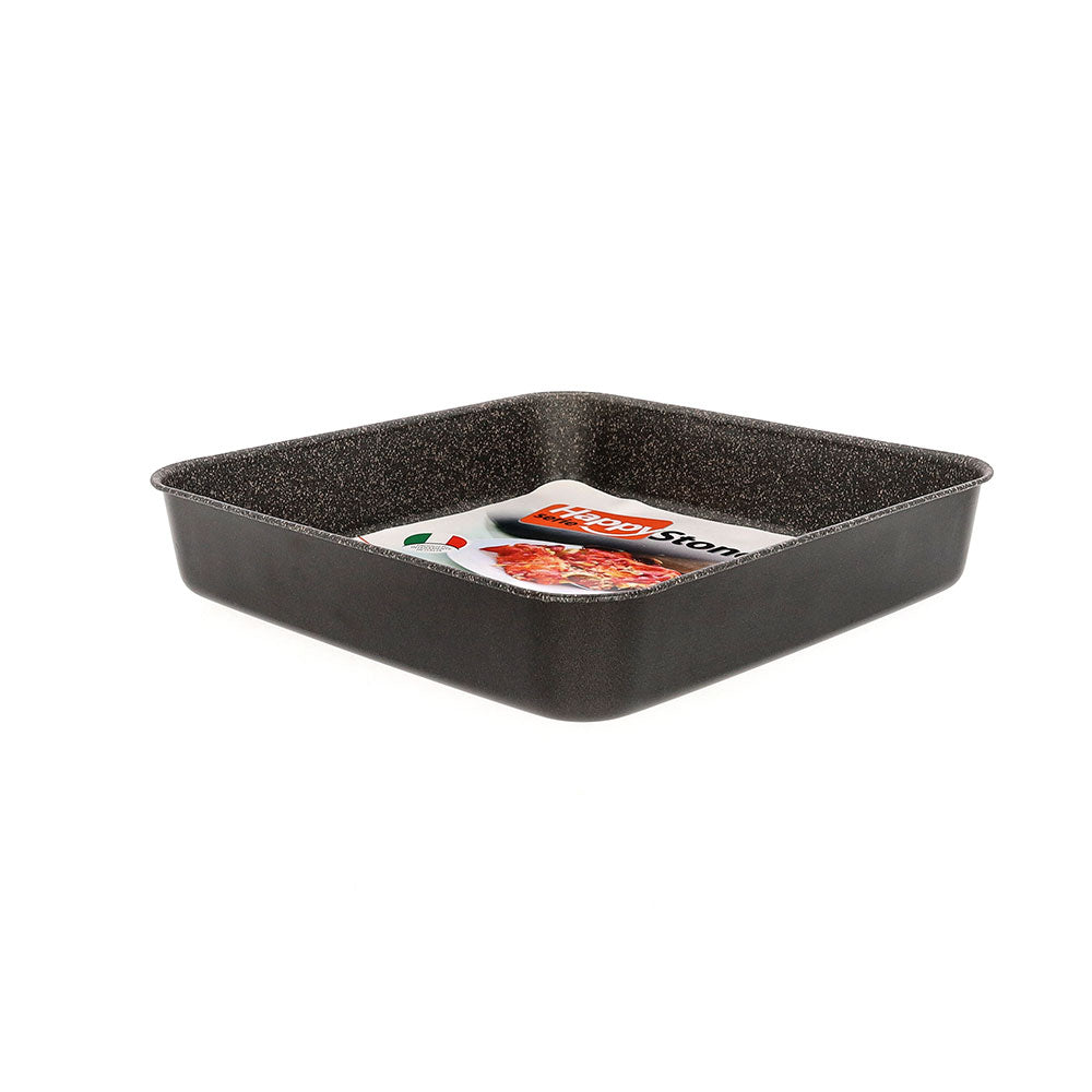 Square baking pan, non-stick, 7-layer aluminum, PFOA-free, scratch-resistant, made in Italy.