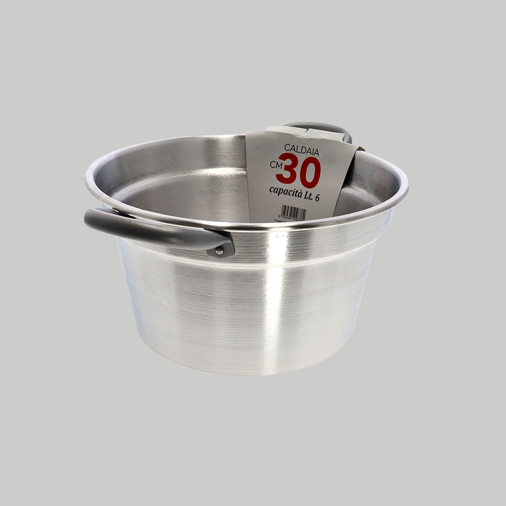 White aluminum boiler with iron handle, made in Italy.