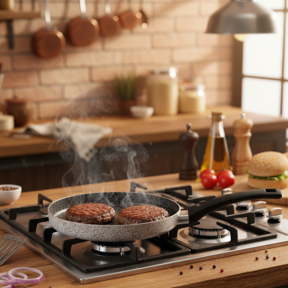 Non-stick hamburger pan, easy to handle, PFOA-free aluminum, scratch-resistant, practical, quick cooking, made in Italy