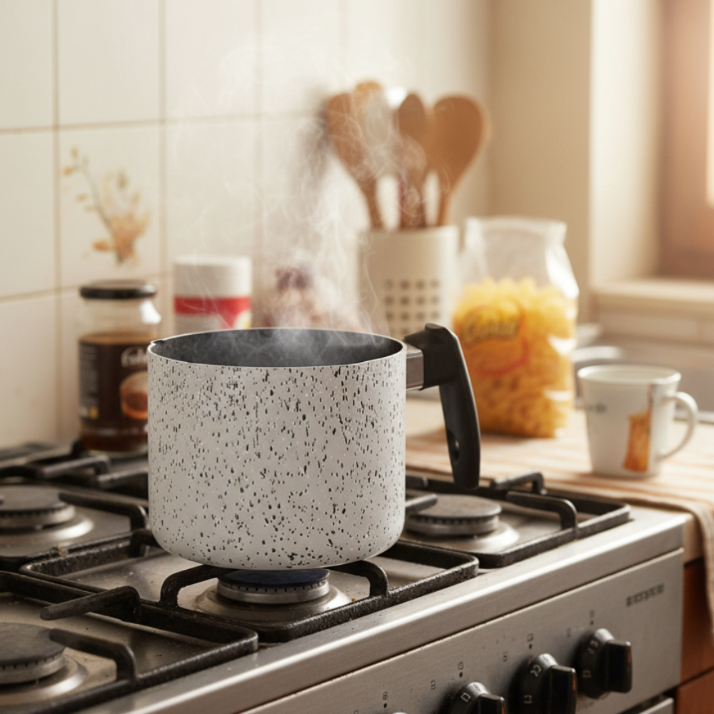 Non-stick milk pot, easy to handle, PFOA-free, scratch-resistant aluminum, practical, fast cooking, made in Italy