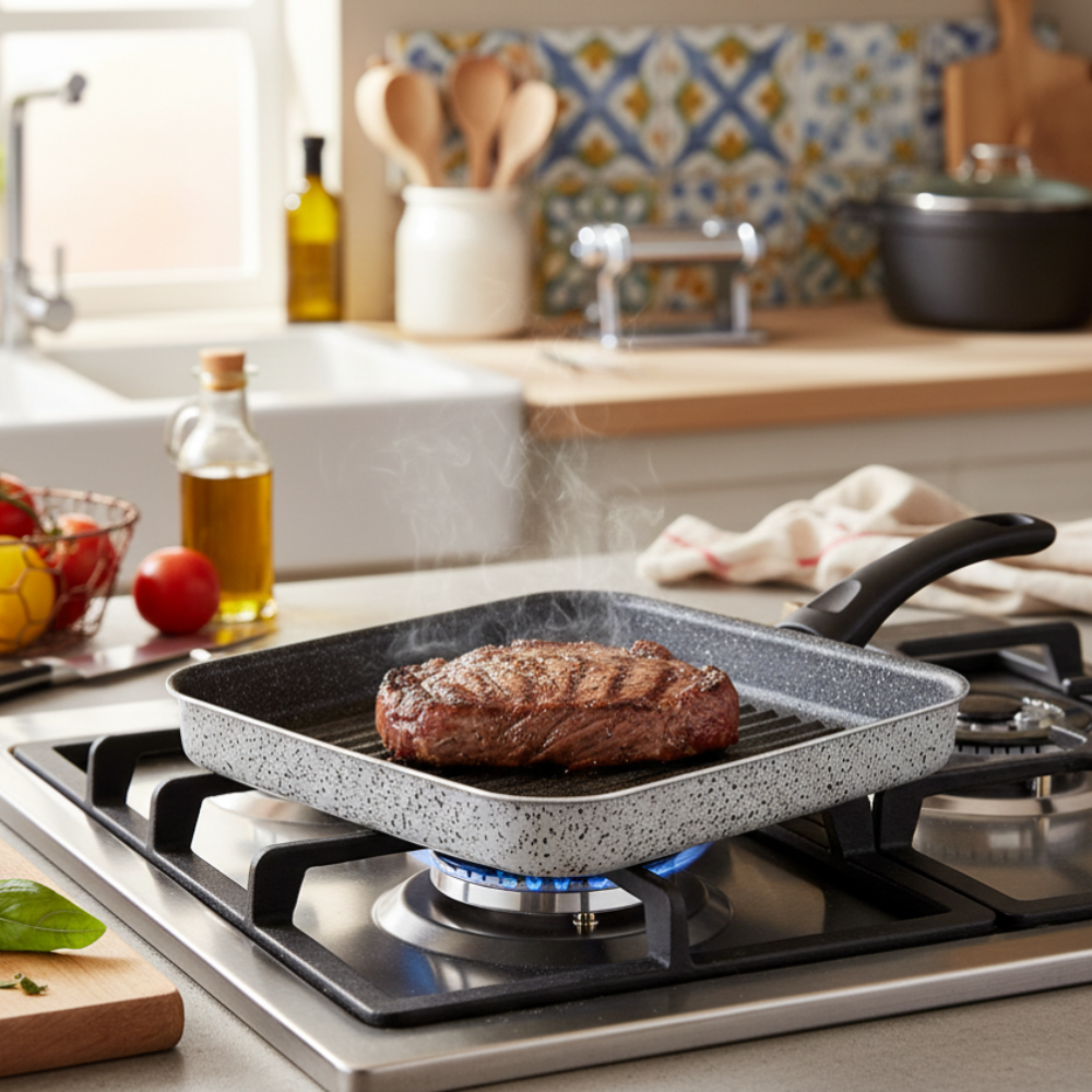 Quadra grill pan, non-stick, easy to handle, PFOA-free, scratch-resistant aluminum, practical, fast cooking, made in Italy