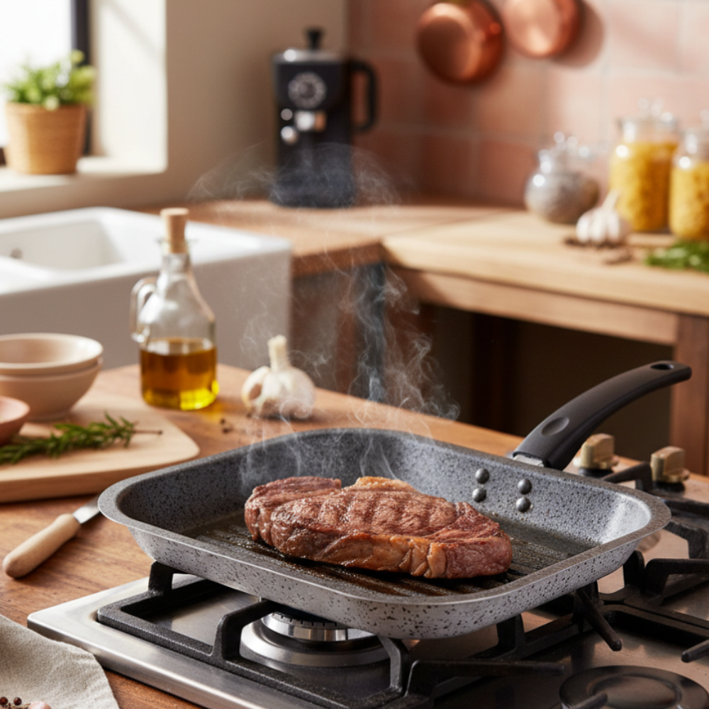 Compact and functional rectangular grill pan, non-stick, easy to handle, PFOA-free, scratch-resistant aluminum, practical, fast cooking, made in Italy