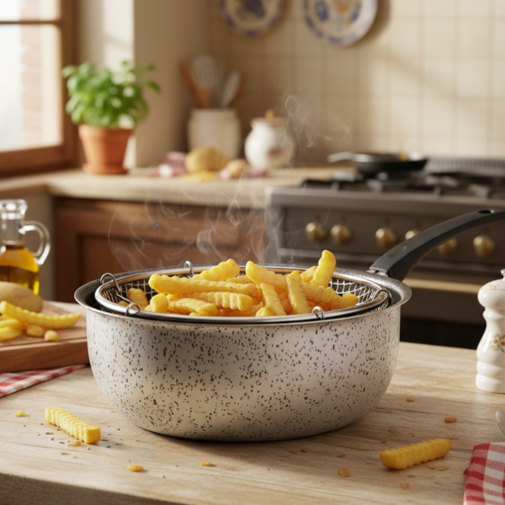 Fryer with a non-stick handle, easy to handle, PFOA-free, scratch-resistant aluminum, practical, fast cooking, made in Italy