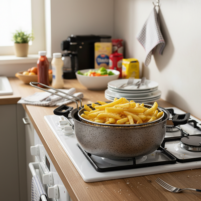 Fryer with two handles, non-stick, easy to handle, PFOA-free, scratch-resistant aluminum, practical, fast cooking, made in Italy