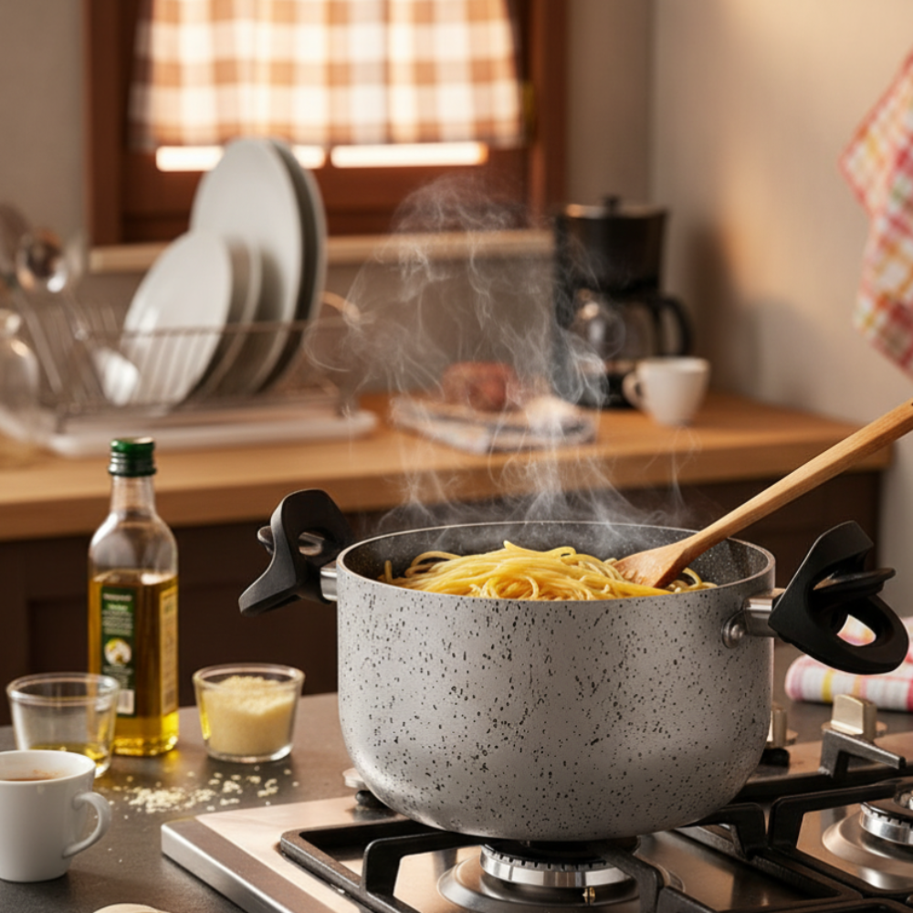 Cuocipasta antiaderente maneggevole alluminio PFOA free antigraffio pratica cottura veloce made in italy