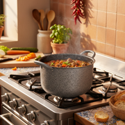 Leicht zu handhabende, kratzfeste, PFOA-freie Aluminium-Antihaftpfanne für schnelles Kochen mit Eisengriffen, hergestellt in Italien.