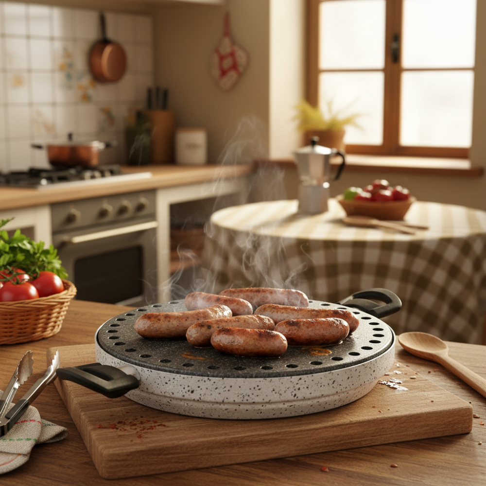 Non-stick grill plate, easy to handle, PFOA-free, scratch-resistant aluminum, practical, fast cooking, made in Italy