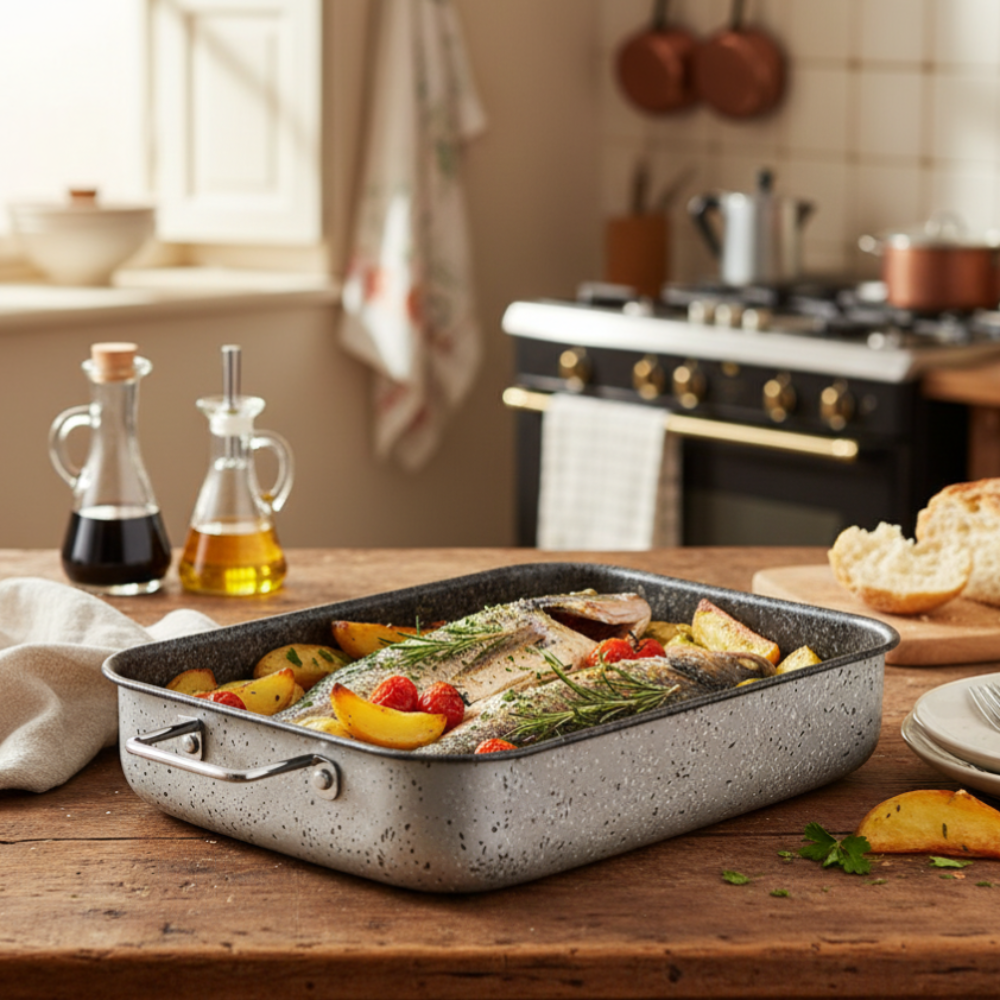 Non-stick roasting pan, easy to handle, PFOA-free, scratch-resistant aluminum, practical, fast cooking, made in Italy