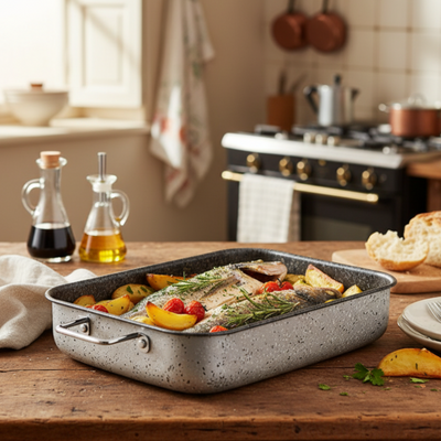 Rostiera antiaderente maneggevole alluminio PFOA free antigraffio pratica cottura veloce made in italy