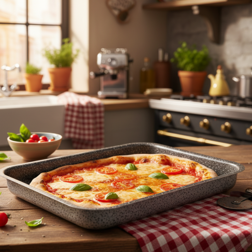 Non-stick pizza roaster, easy to handle, PFOA-free aluminum, scratch-resistant, practical, fast cooking, made in Italy