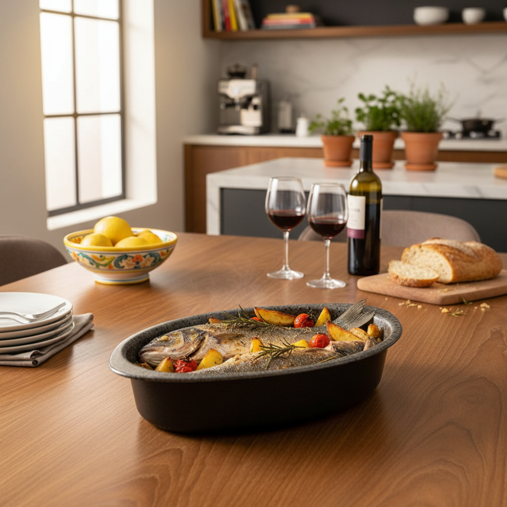 Oval non-stick 7-layer aluminum baking pan, PFOA-free, scratch-resistant, made in Italy.