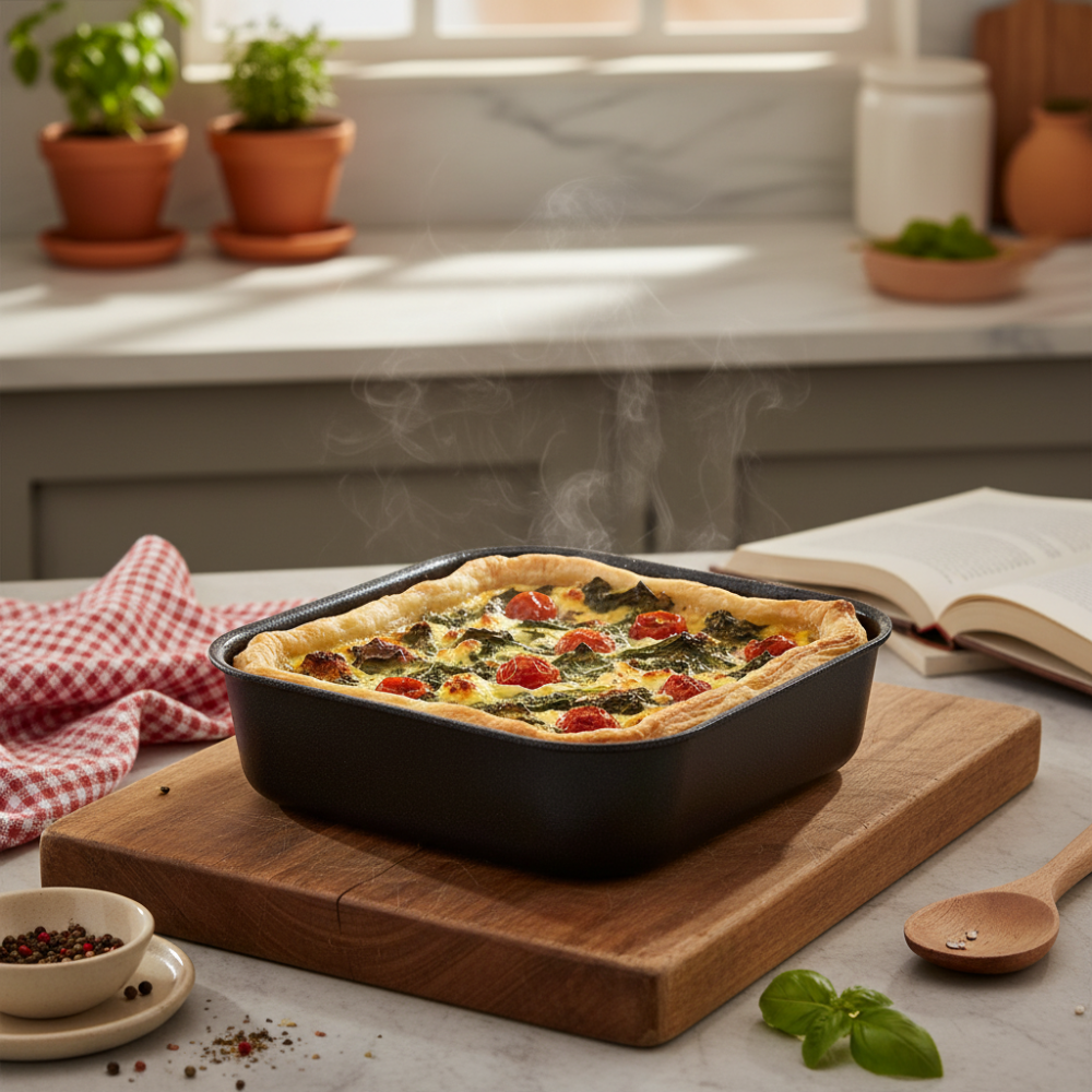 Square baking pan, non-stick, 7-layer aluminum, PFOA-free, scratch-resistant, made in Italy.