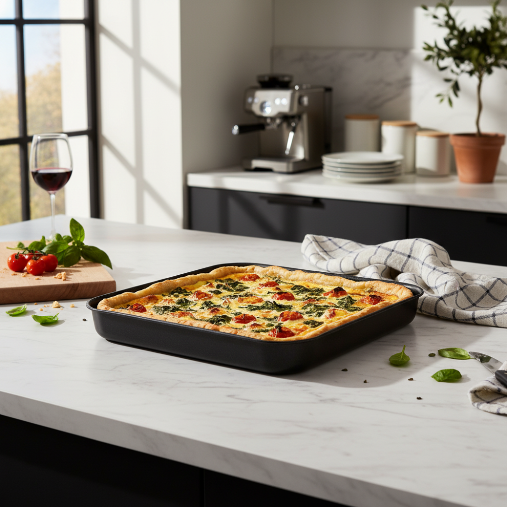 Low square baking pan, non-stick, 7-layer aluminum, PFOA-free, scratch-resistant, made in Italy.