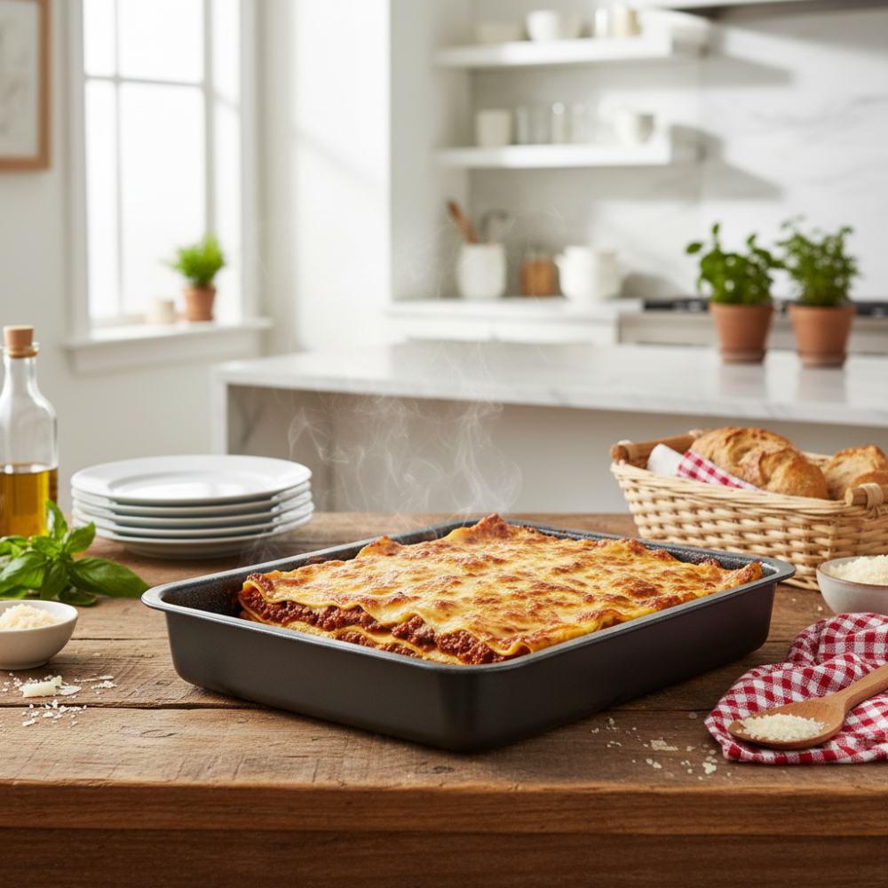 Rechteckiges Backblech, antihaftbeschichtet, 7-lagiges Aluminium, PFOA-frei, kratzfest, hergestellt in Italien.