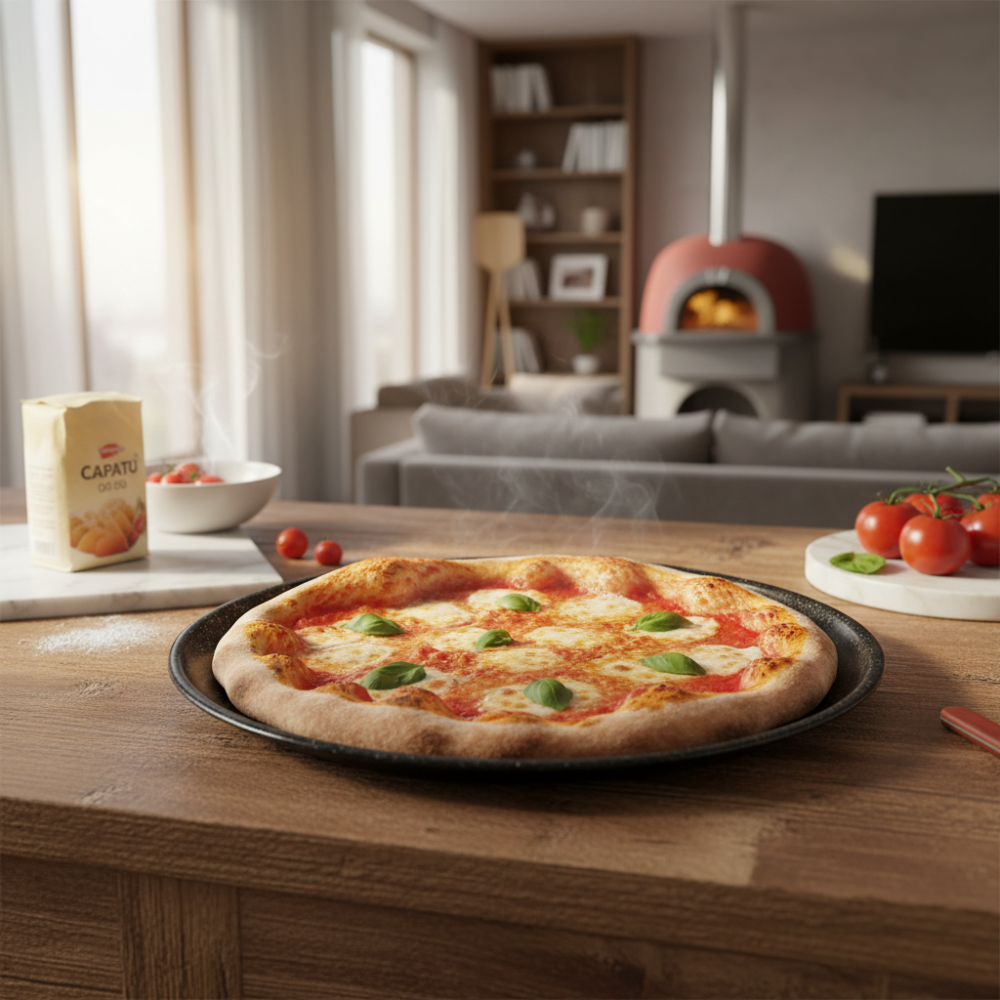 Round non-stick baking pan in 7-layer aluminum, PFOA-free and scratch-resistant, made in Italy.