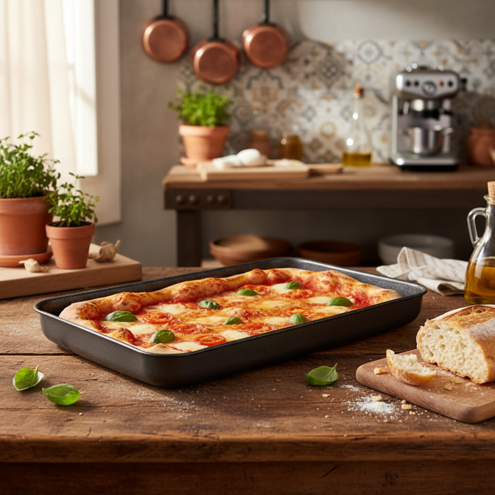 Rectangular baking tray, non-stick, 7-layer aluminum, PFOA-free, scratch-resistant, made in Italy.