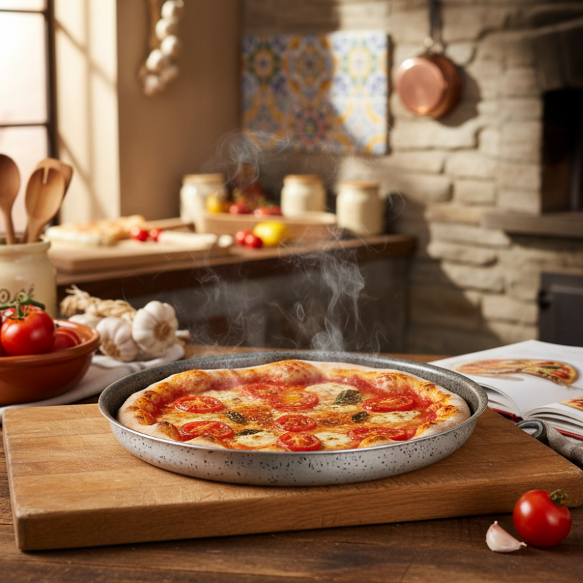 Antihaft-Pizzapfanne, handlich, PFOA-freies Aluminium, kratzfest, praktisch, schnelles Backen, hergestellt in Italien