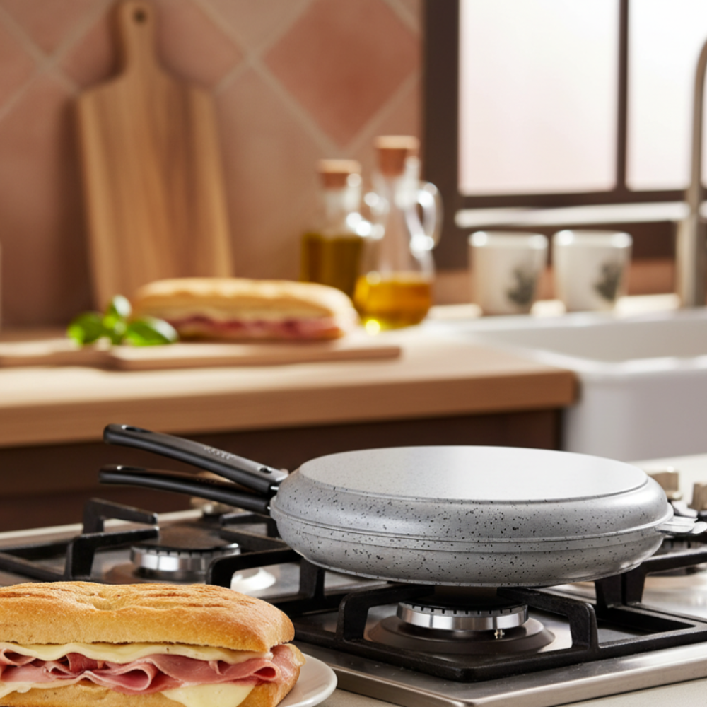 Low oven, non-stick, easy to handle, PFOA-free, scratch-resistant aluminum, practical, fast cooking, made in Italy