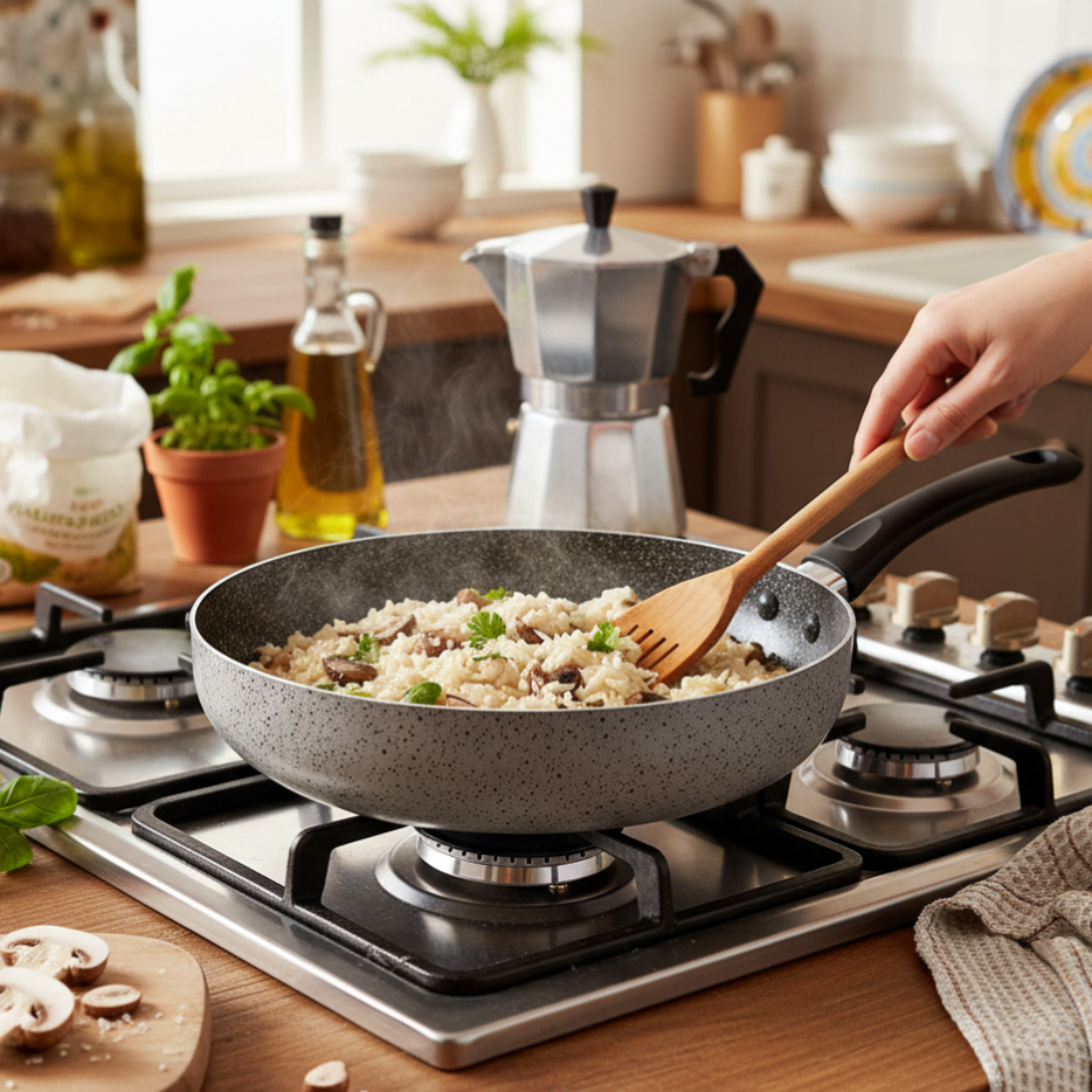 Saltapasta antiaderente maneggevole alluminio con un manico lungo PFOA free antigraffio pratica cottura veloce made in italy