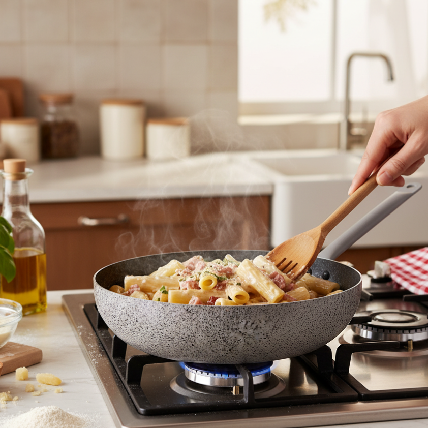 Antihaftbeschichtete, handliche Aluminium-Bratpfanne mit langem Eisengriff, PFOA-frei, kratzfest, praktisch, schnelles Kochen, hergestellt in Italien