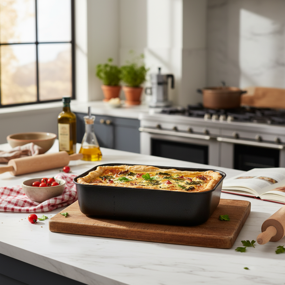 Small non-stick 7-layer aluminum baking pan, PFOA-free, scratch-resistant, made in Italy.