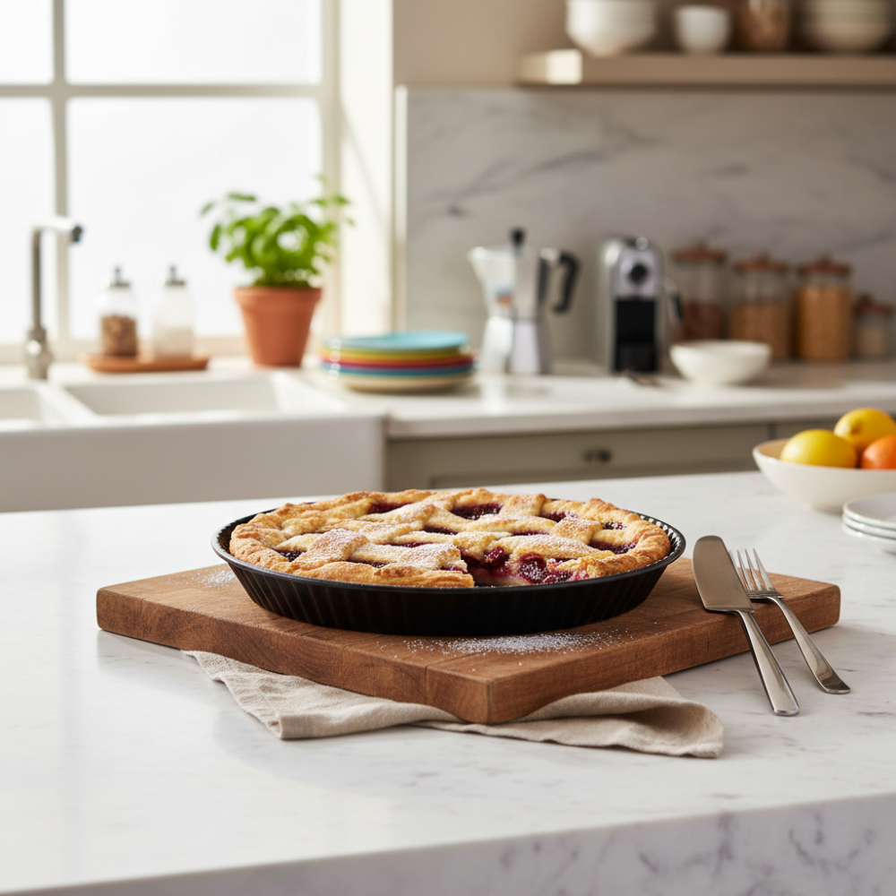 Non-stick tart pan with scalloped edges, 7-layer aluminum, PFOA-free, scratch-resistant, made in Italy.