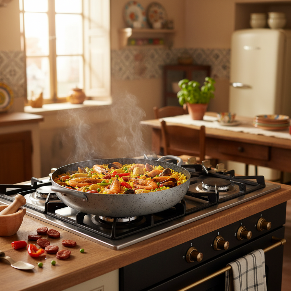 Leicht zu handhabende, antihaftbeschichtete und kratzfeste Aluminiumpfanne, PFOA-frei, praktisch, schnelles Kochen, hergestellt in Italien.