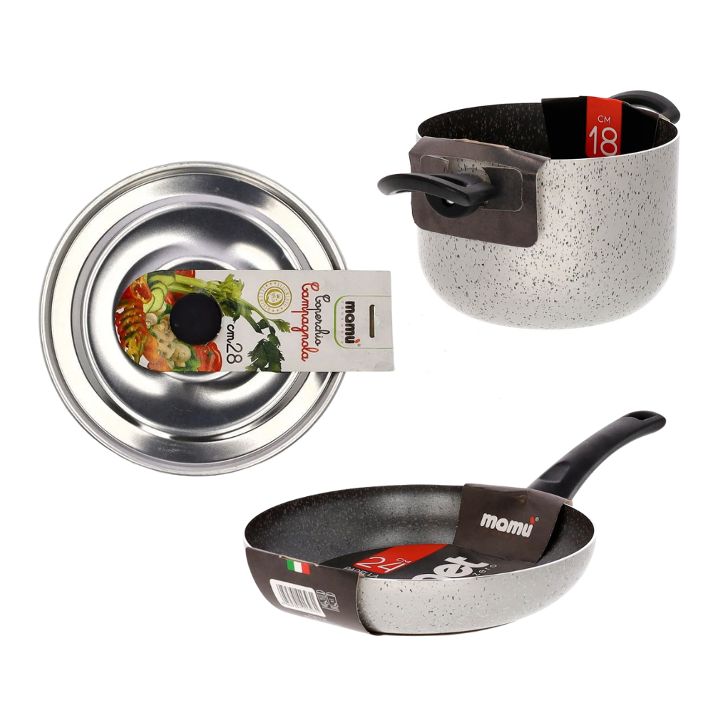 Mamù Set 3 pezzi cucinare pasta con pentola, padella e coperchio antiaderente in alluminio PFOA free made in italy_1